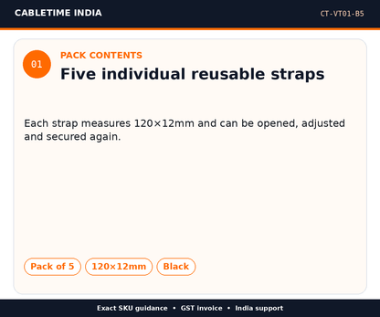 CABLETIME CT-VT01-B5 — Pack contents — Five individual reusable straps