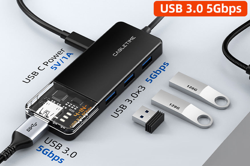 CABLETIME 4 port usb 3.0 hub with power SUPPLY | CB01B/CB02B