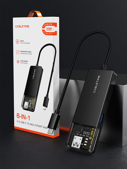 CABLETIME 6 In 1 USB Type C Multiport Hub with 4K HDMI 100W Power Delivery | CB04B