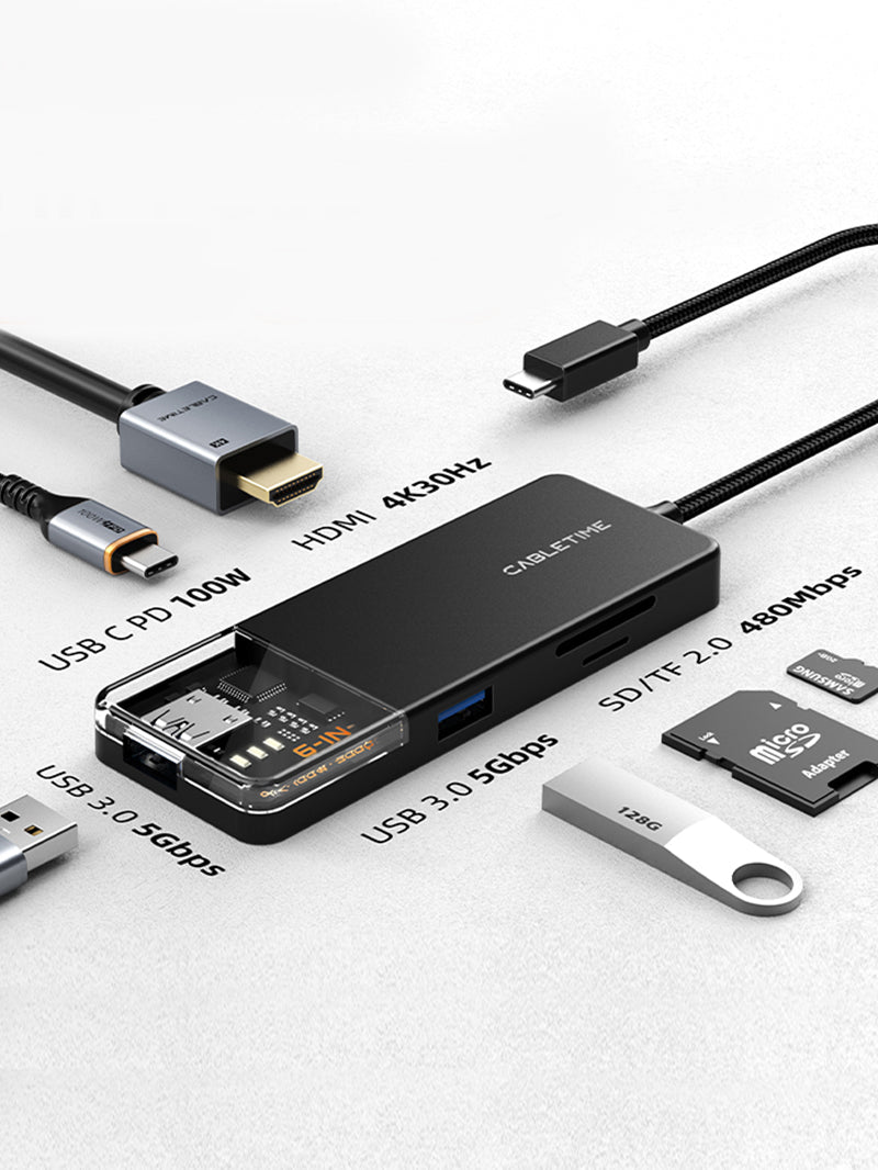 CABLETIME 6 In 1 USB Type C Multiport Hub with 4K HDMI 100W Power Delivery | CB04B
