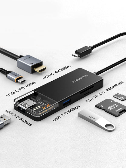 CABLETIME 6 In 1 USB Type C Multiport Hub with 4K HDMI 100W Power Delivery | CB04B