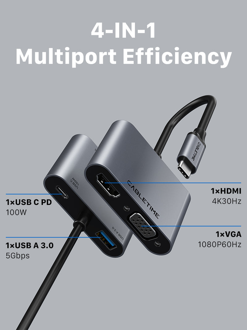 CABLETIME USB Type C to HDMI VGA Adapter 4 IN 1 Hub with Power Delivery | CB41G