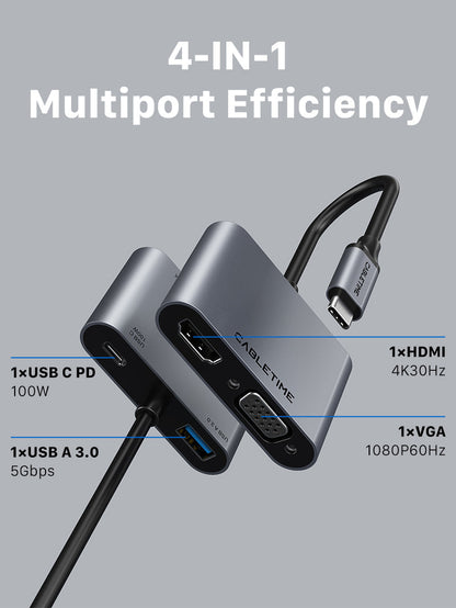 CABLETIME USB Type C to HDMI VGA Adapter 4 IN 1 Hub with Power Delivery | CB41G