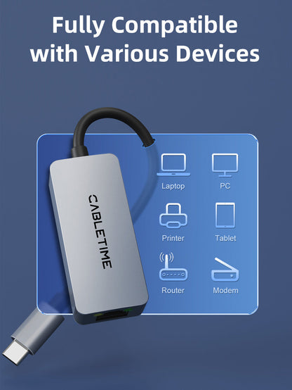 CABLETIME USB 3.1 Type C to 2.5G Rj45 Ethernet Lan Adapter for MacBook Pro/Air, iPad Pro,Dell XPS, Surface Laptop, Mac | CB57G