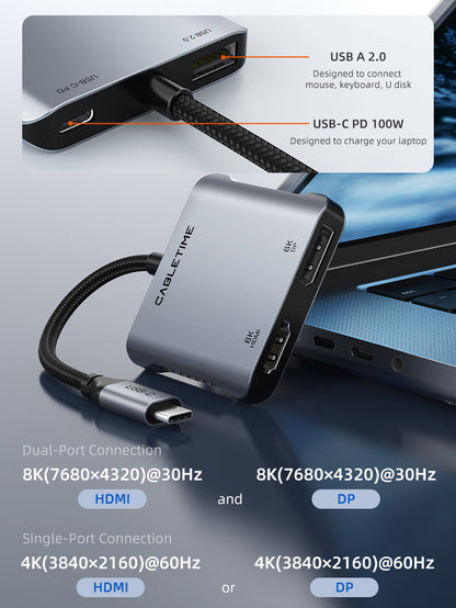 CABLETIME 8K USB C To HDMI DP Adapter Dual 4K | CB71G