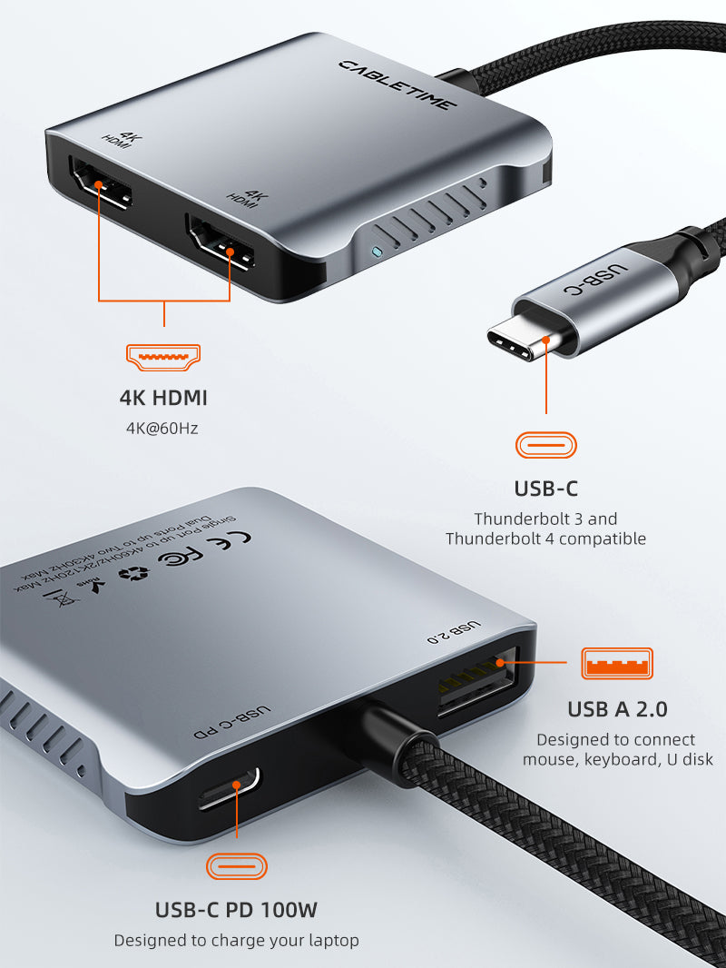 CABLETIME 4K 60Hz MST USB C to Dual HDMI Hub | CB73G