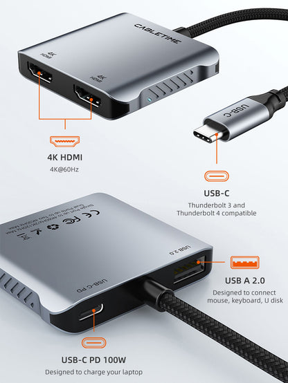 CABLETIME 4K 60Hz MST USB C to Dual HDMI Hub | CB73G