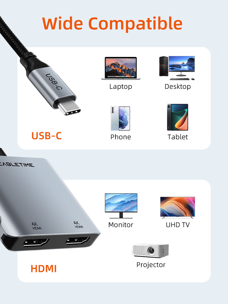 CABLETIME 4K 60Hz MST USB C to Dual HDMI Hub | CB73G