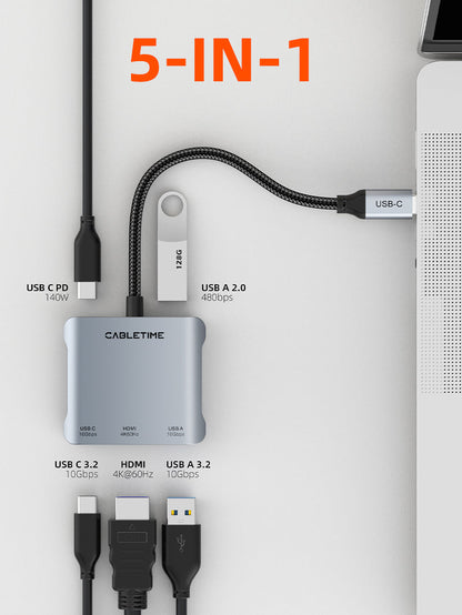 CABLETIME 10Gbps 5 IN 1 USB C Hub with HDMI 4K 60Hz 140w Power Delivery | CB75G