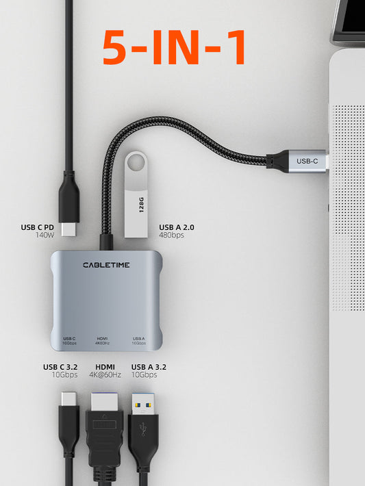 CABLETIME 10Gbps 5 IN 1 USB C Hub with HDMI 4K 60Hz 140w Power Delivery | CB75G