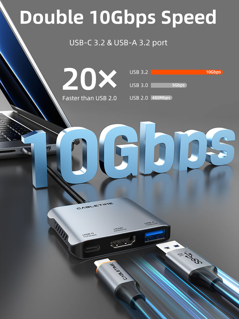 CABLETIME 10Gbps 5 IN 1 USB C Hub with HDMI 4K 60Hz 140w Power Delivery | CB75G