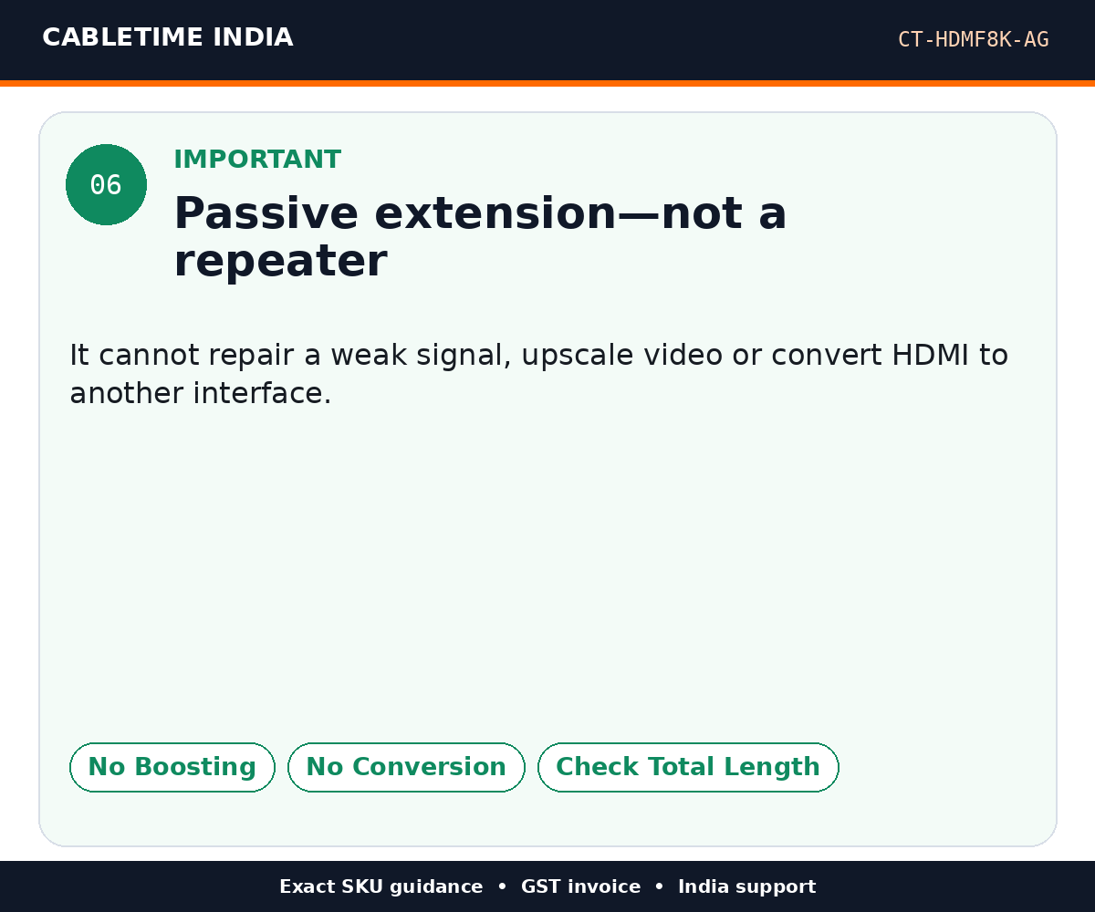 CABLETIME CT-HDMF8K-AG — Important — Passive extension—not a repeater