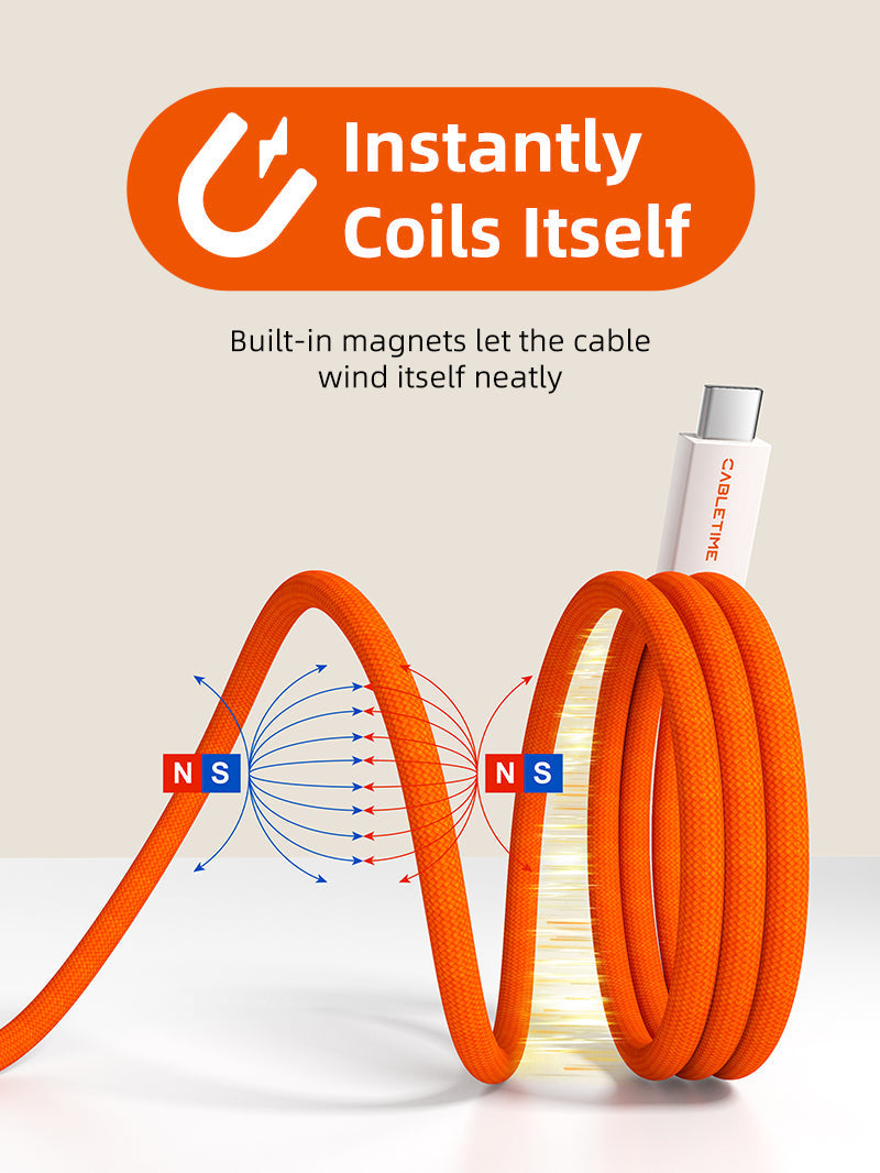 CABLETIME Magnetic-Coil USB4 Cable, 40Gbps, 240W, 8K@60Hz – product view 4 | CU4WH/CU4BH