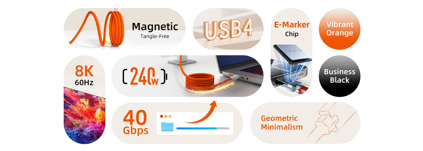 CABLETIME Magnetic-Coil USB4 Cable, 40Gbps, 240W, 8K@60Hz – feature detail 11 | CU4WH/CU4BH