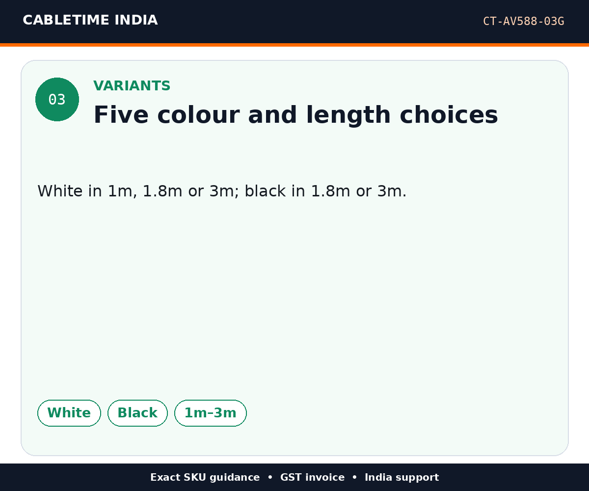 CABLETIME CT-AV588-03G — Variants — Five colour and length choices