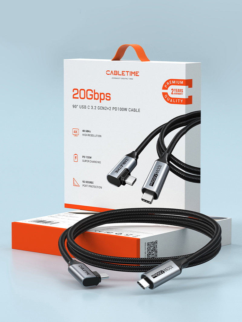 CABLETIME Right-Angle USB-C to USB-C Cable, 20Gbps, 100W and 4K@60Hz – product view 10 | CU24E/CU24H/CU24L