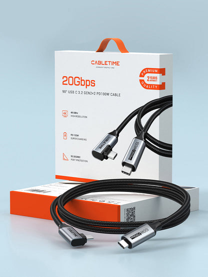 CABLETIME Right-Angle USB-C to USB-C Cable, 20Gbps, 100W and 4K@60Hz – product view 10 | CU24E/CU24H/CU24L