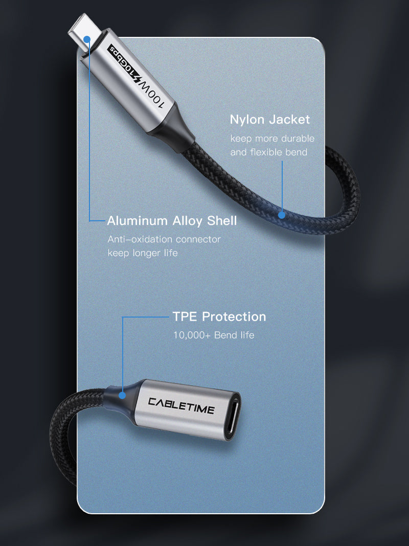 CABLETIME USB-C Male to Female Extension Cable, 10Gbps, 100W, 4K@60Hz – product image 9 | CU21E/CU21H