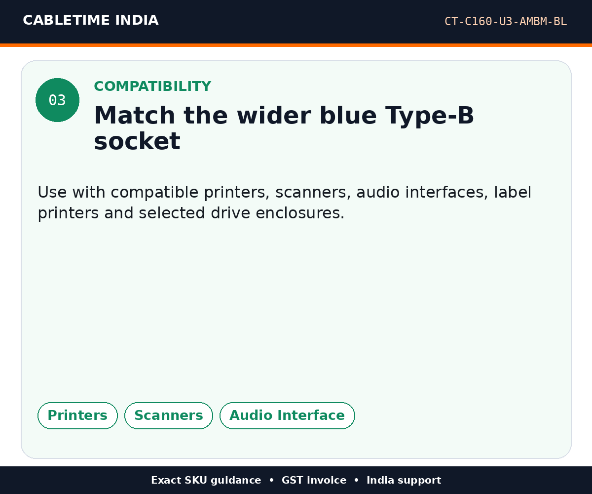 CABLETIME CT-C160-U3-AMBM-BL — Compatibility — Match the wider blue Type-B socket