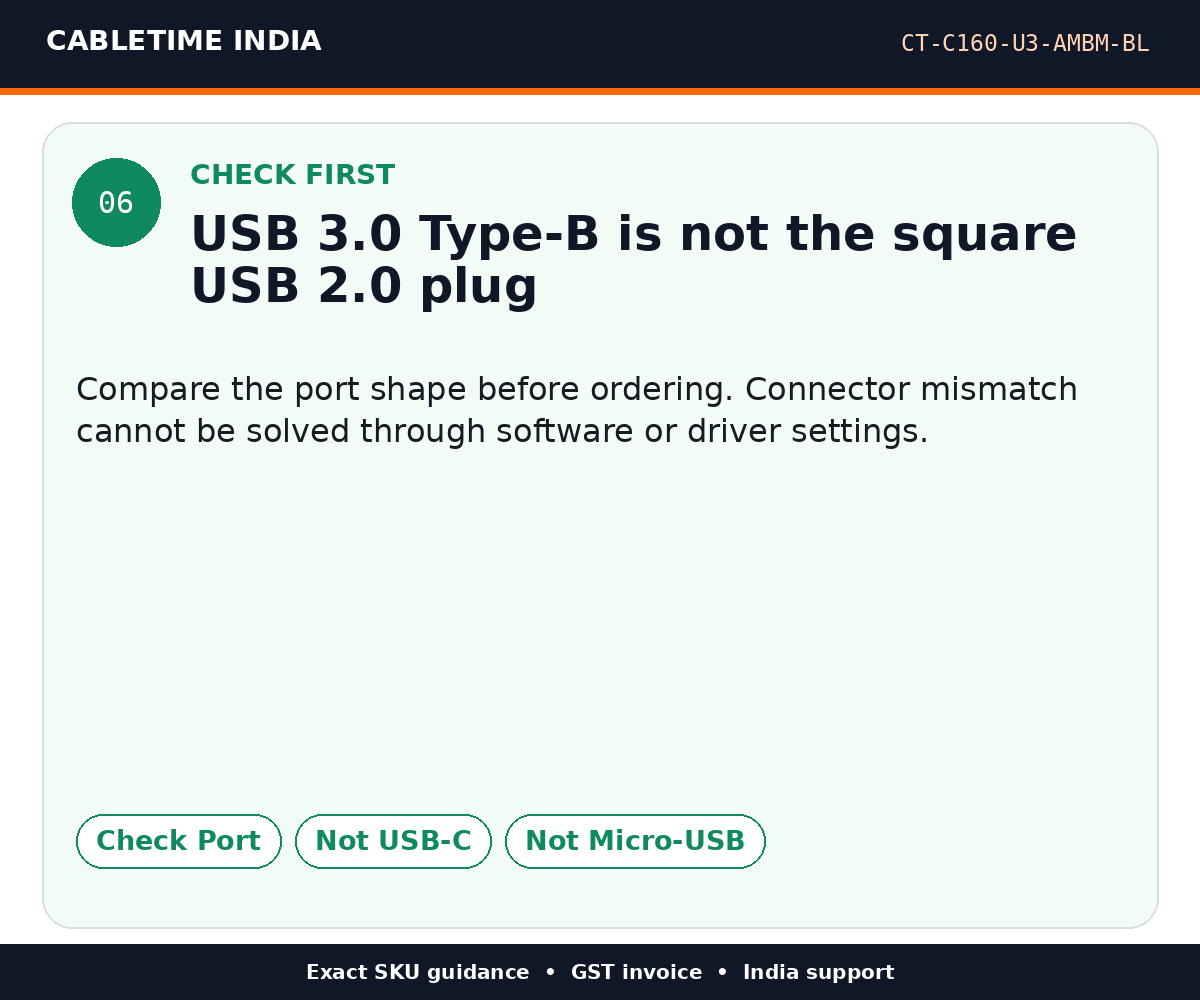 CABLETIME CT-C160-U3-AMBM-BL — Check first — USB 3.0 Type-B is not the square USB 2.0 plug