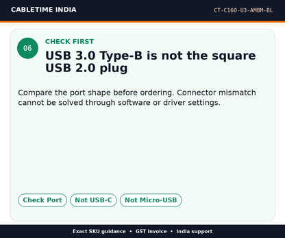 CABLETIME CT-C160-U3-AMBM-BL — Check first — USB 3.0 Type-B is not the square USB 2.0 plug