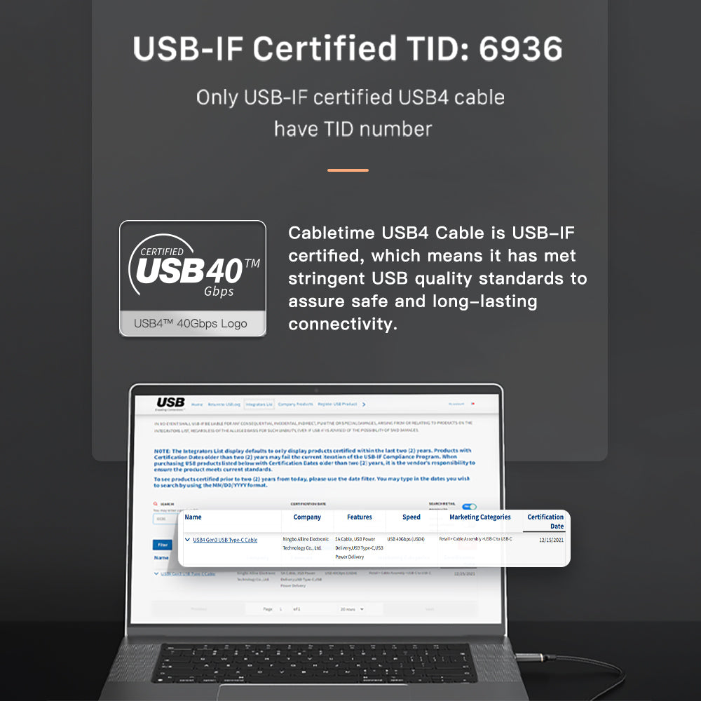 CABLETIME USB4 Cable, 40Gbps, 100W, 8K@60Hz, Braided – product view 4 | CU40E/CU40H/CU40L