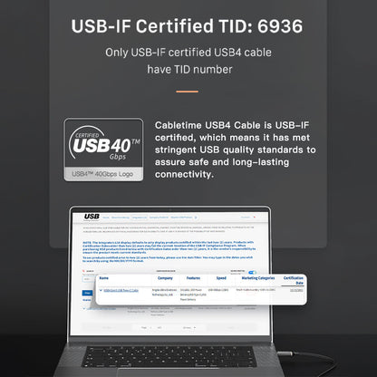 CABLETIME USB4 Cable, 40Gbps, 100W, 8K@60Hz, Braided – product view 4 | CU40E/CU40H/CU40L