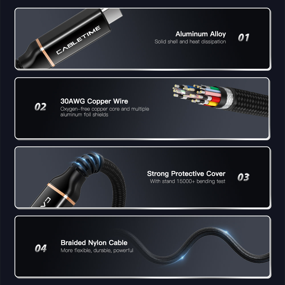 CABLETIME USB4 Cable, 40Gbps, 100W, 8K@60Hz, Braided – product view 7 | CU40E/CU40H/CU40L