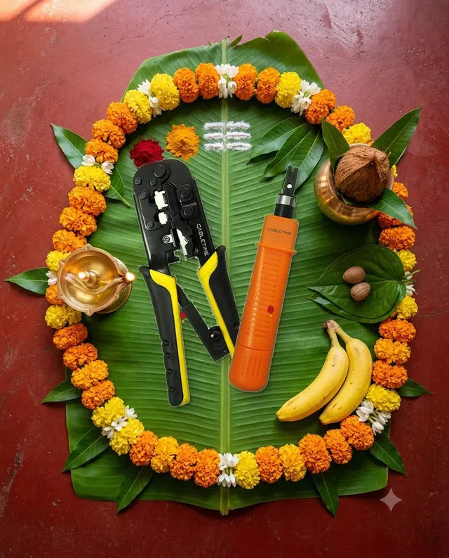 RJ45 Crimping Tool + Punch Down Tool in a festive scene