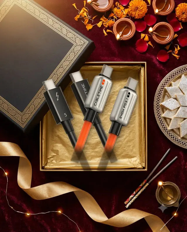 240W USB-C + Thunderbolt 5 Cable in a festive scene